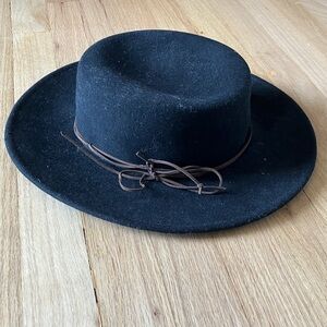 Scala Black Wide-Brim Wool Felt Hat with Brown Leather Tie